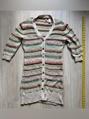 Buckle Long Striped Knit Cardigan Sweater - Neutral Stripes Size XL new